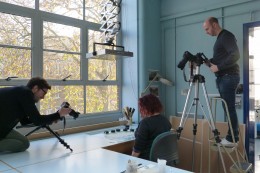 Conservator Hilary Ordman preparing to be filmed for Journeys in Archive Conservation